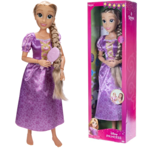 Bambola Rapunzel da 80 cm in combinazione con la confezione originale, completa di accessori: spazzola, fiori decorativi e custodia porta fiori.