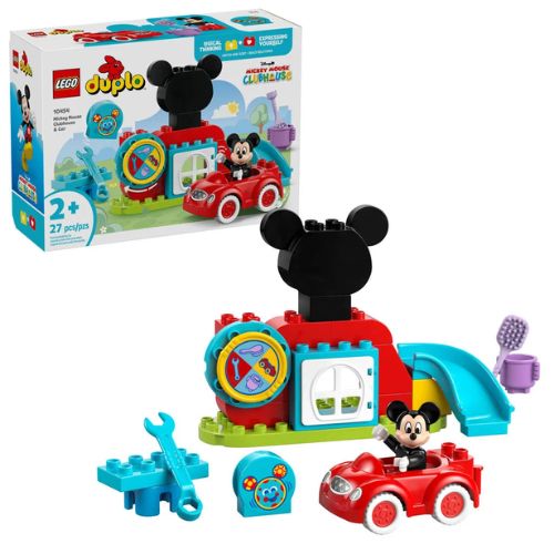 Pezzi inclusi nel set Lego Duplo 10454, con blocchi grandi e sicuri, la minifigure di Topolino, la casa e la macchina.