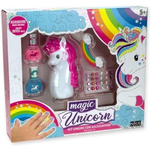 Set trucco unicorno per bambine con smalti e asciugatore.