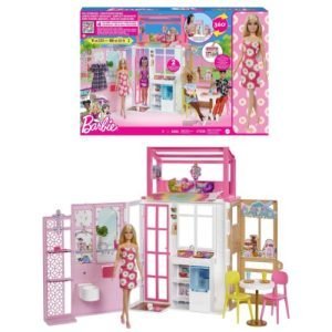 bambola barbie petite castana nella sua casa arredata