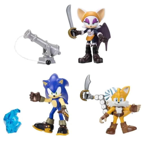 Set Sonic Prime Figure Articolate – Confezione da 3 | 6,3 cm 3 Set da gioco Sonic Prime con Frammento Blu e cannone incluso