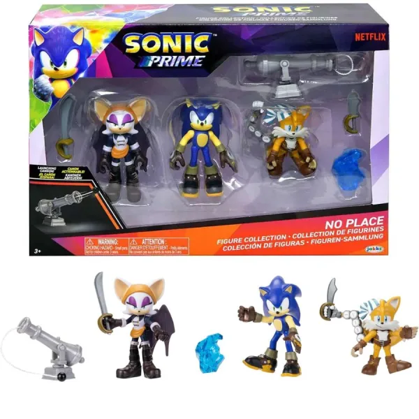 Set Sonic Prime Figure Articolate – Confezione da 3 | 6,3 cm 1 Action figure di Sonic Prime da 6,3 cm con sfondo dinamico