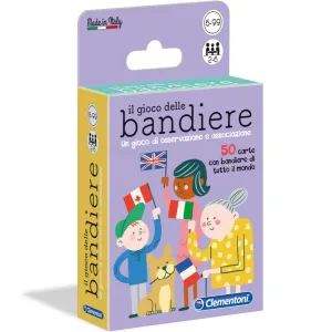 Confezione del Gioco delle Bandiere Clementoni su fondo bianco, ben visibile il logo