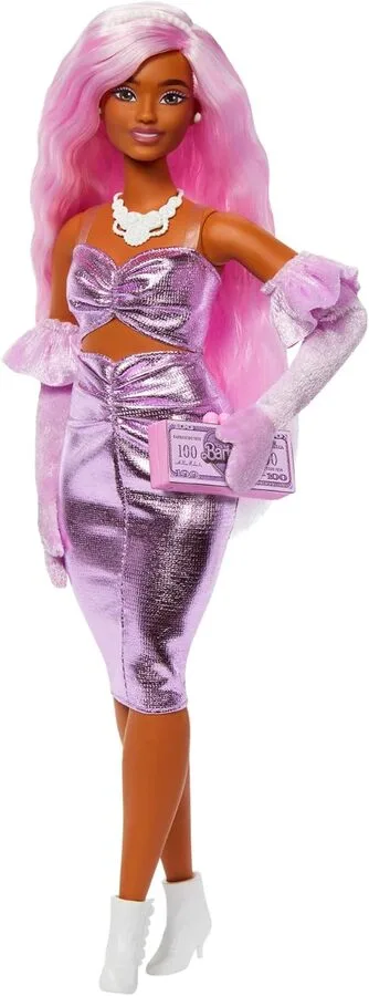 Barbie Deluxe Style n.1, capelli rosa e abito lucido Barbiecore con accessori di lusso – Mattel | 4cm x 9,5cm x 29,5cm 3 barbie deluxe style n.1